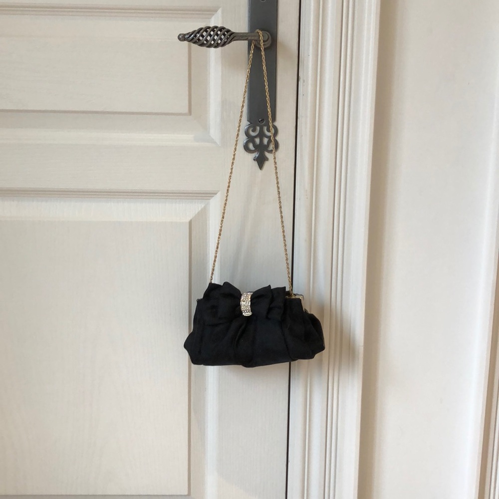 Black satiny clutch with rhinestones and bow - Picture 1 of 7